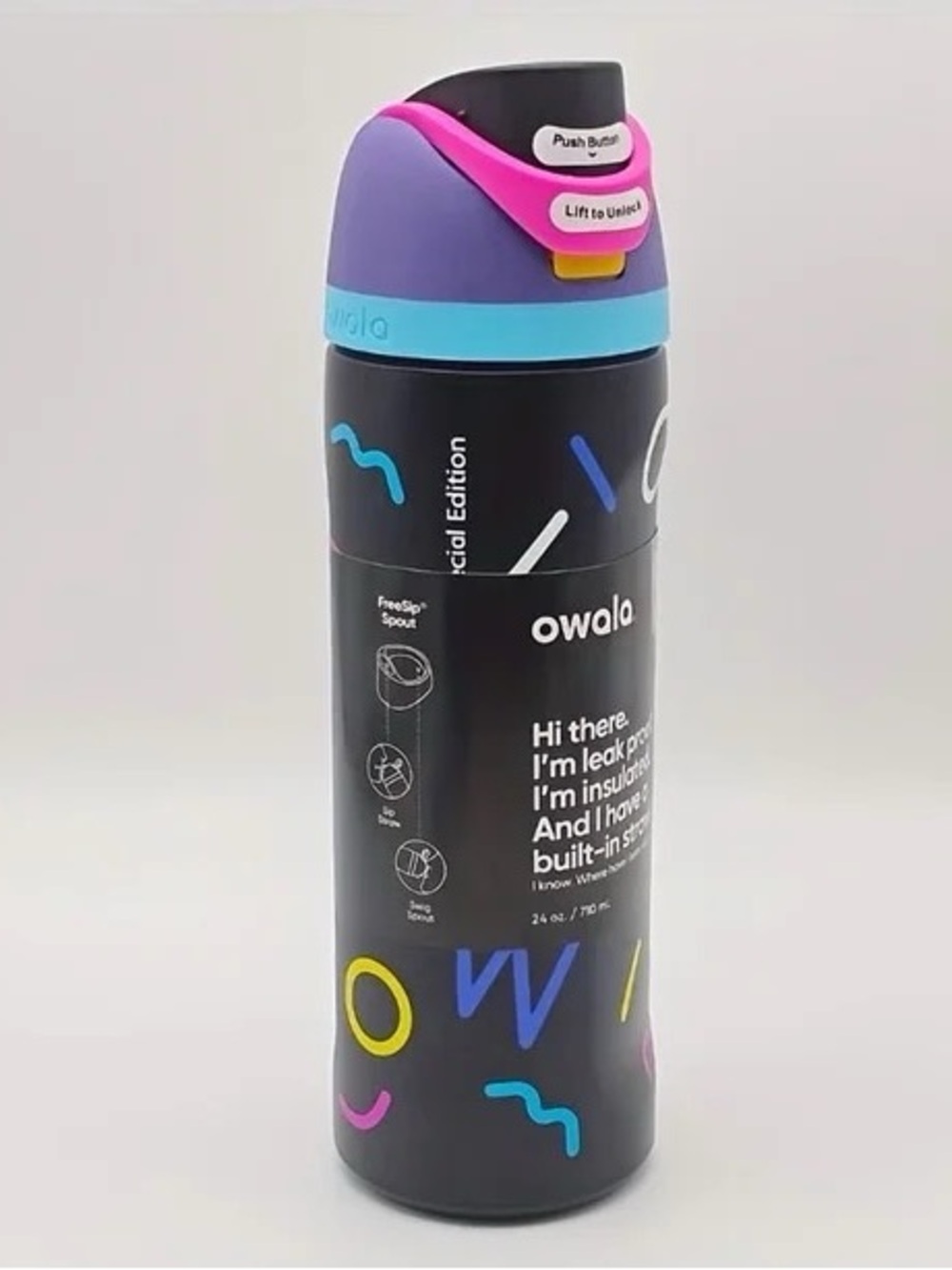 Owala mix tape 32oz Black Color-Block Leak-Proof Water Bottle freesip straw box